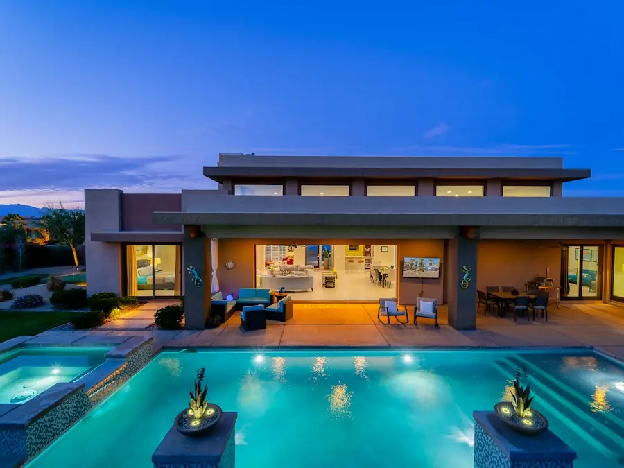 Backyard pool and patio at dusk (placeholder photo)